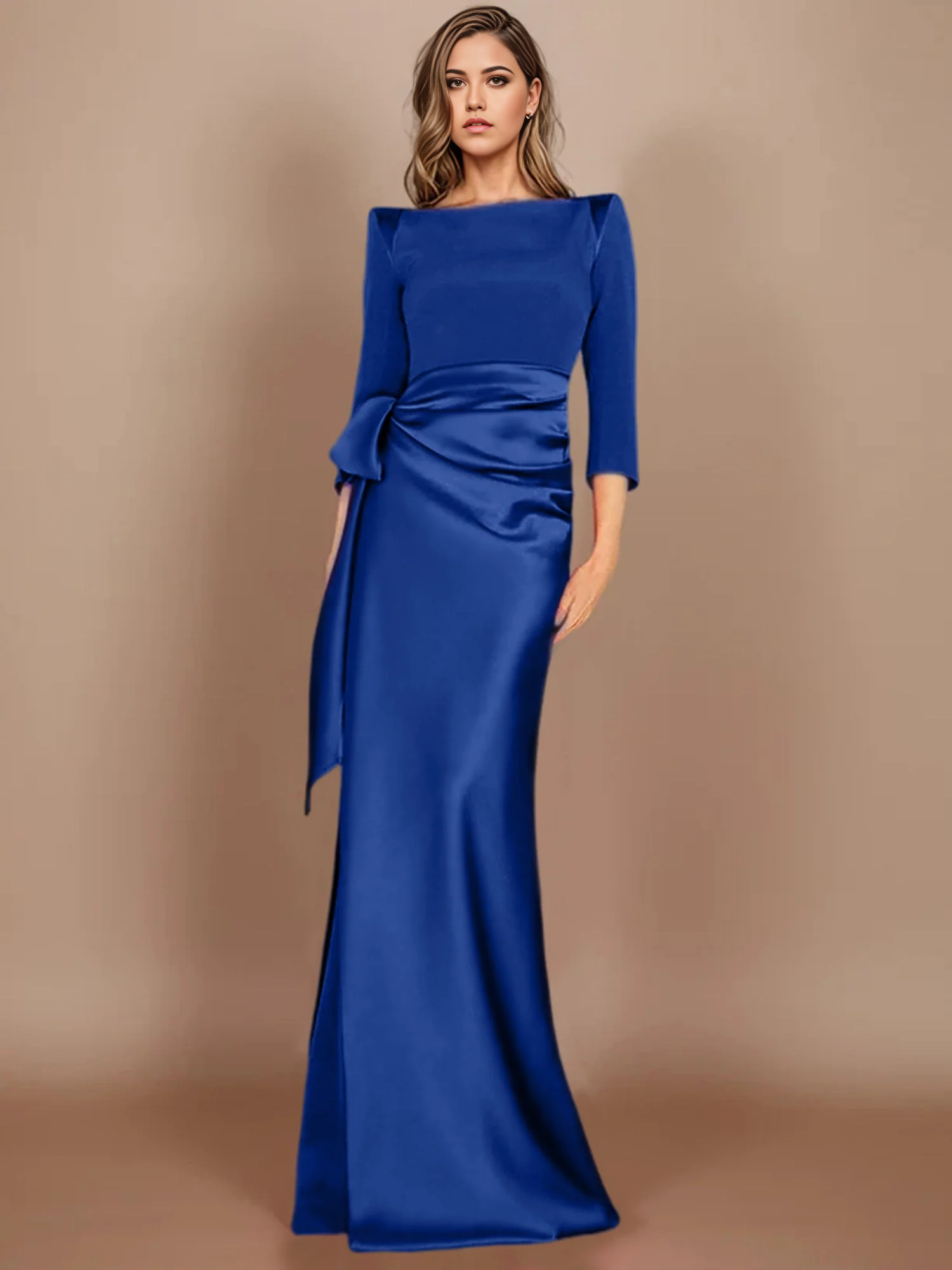 Vestido de madre de la novia con escote en V, manga 3/4, largo hasta el suelo y lazo